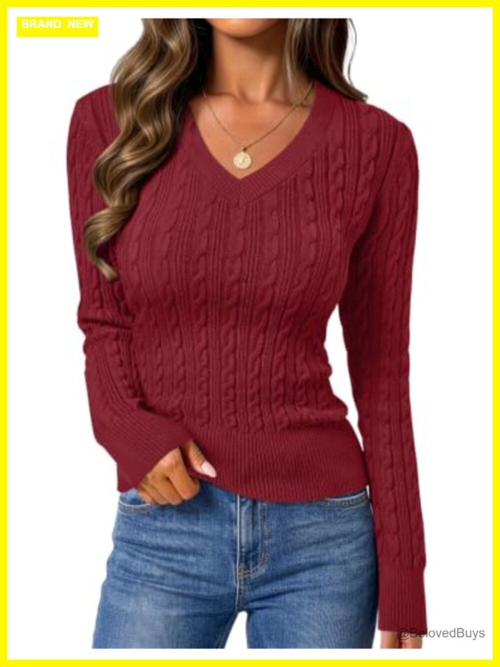 Cable Knit V-Neck Long Sleeve Fitted Pullover Sweater